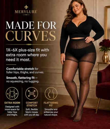 Image of MERYLURE Plus Size Sheer Tights for Women,20D Control Top Pantyhose Reinforced Toes High Waist Stockings 3 Pairs 1XL-6XL