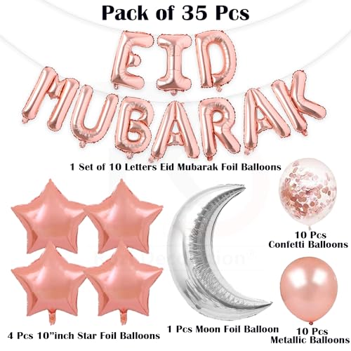 Image of Rozi Decoration Rose Gold Eid Mubarak Decorations Foil Balloon for Home, Shop, Office, Garden, Lawn, Eid Party Decoration Items | Eid Mubarak Decorations Items Pack of 35 Pcs