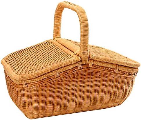 Picnic Basket Raw Color Hand-Woven Rattan Belt Cover Fruit Food Bread Storage Basket Portable Outdoor Picnic Tableware Supplies