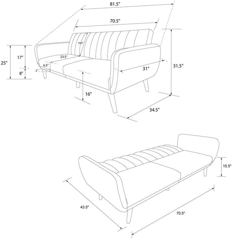 Pemberly Row Convertible Futon Sofa Couch, Black Faux Leather Upholstery, Ribbed Tufted Cushion Back, Slanted Oak-Colored Legs, Multi-Position Recline, 81.5" L x 34.5" W x 31.5" H Living Room Seating