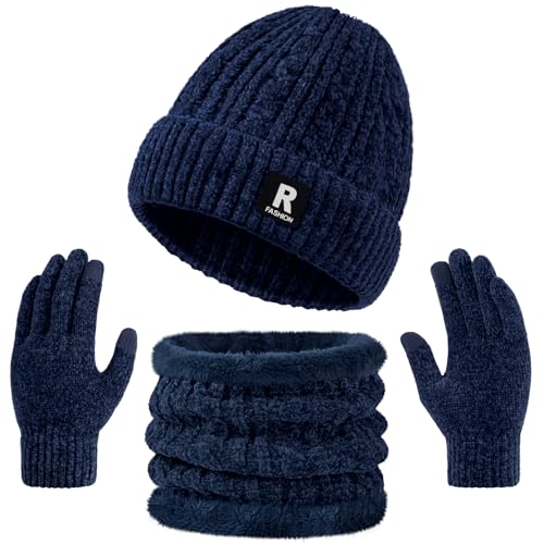 Winter Beanie Hat Scarf Gloves Set, Warm Fleece Lined Skull Cap Neck Warmer Winter Gloves for Men Women (Dark Blue)
