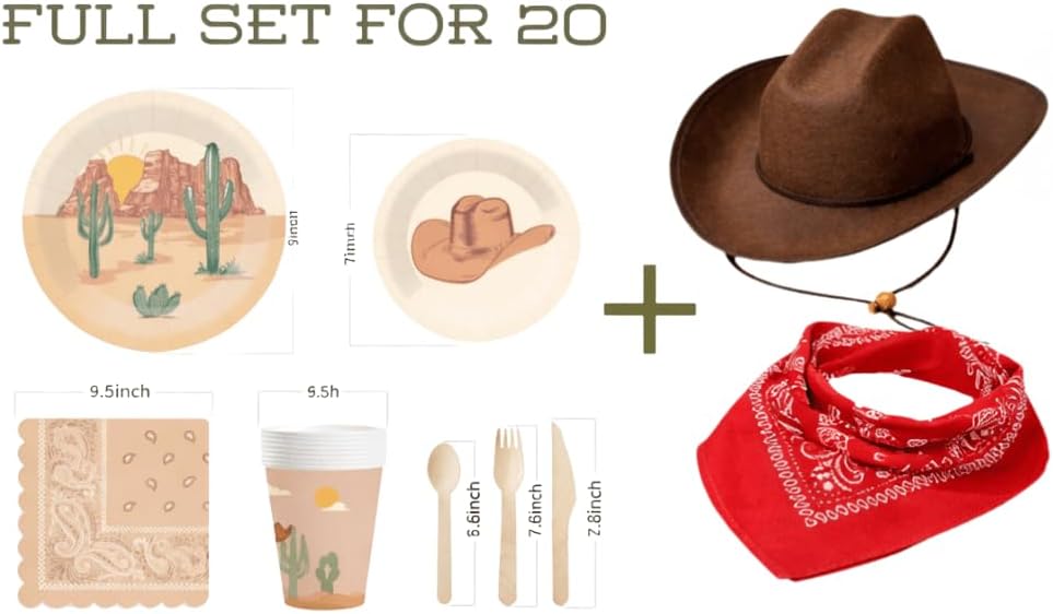 Western Party Decorations Toddler Cowboy Hat and Bandana Set 140 PCS Western Decor Themed Disposable Tableware Cowboy Party Favors Wild West First Rodeo Birthday Halloween Gifts - Image 5