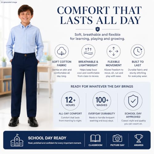 Image of Bienzoe Boys School Uniform Pants: Adjustable Waist Flat Front | Students Ages 6-13, Classroom Days, Picture Day, Awards, Open House, Chapel, Family Events, Lean-To-Regular Builds, Neat Look
