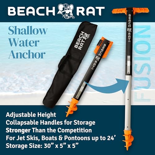 Beach Rat Fusion Anchor & Storage Case - 4ft Jet Ski Anchor/Boat Anchor for Shallow Water and Sandbar - High Strength Telescoping Aluminum Pole & Plastic Boat Accessory - Sand Bar Anchor Kit w/Bag