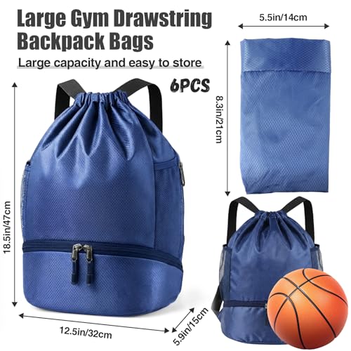 Image of 6 Pcs 6 Pcs Gym Drawstring Backpack Bulk for Men, Blue, Black | Drawstring Closure, with Shoe Compartment, Wet Proof Pocket, Lightweight, Durable Build, Gym Practice & Game-day Ready