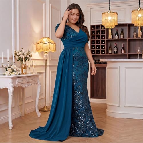 Image of Elegant Women's Formal Dress Wedding Guest Puff Sleeve Mermaid Ball Gowns Court Train Plus Size Sequin Long Dresses