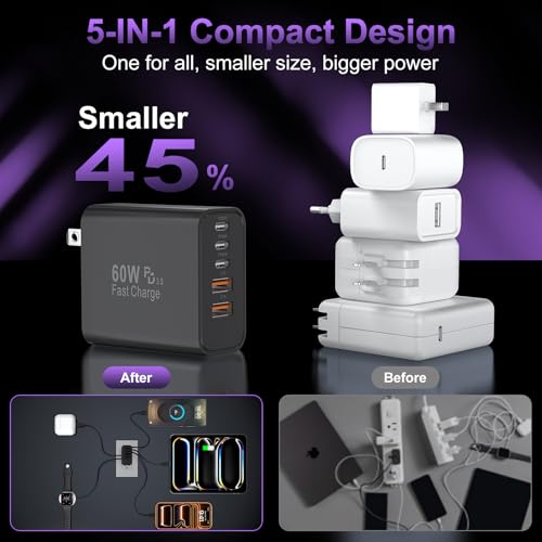 Image of USB C Fast Wall Charger Block, 2Pack 60W USBC Charging Cubes, 5-Port PD+QC Power Adapter Multiport Brick Type C Box Plug for Phone 17 /16 /15 /14 /13 /12 /11 /Pro Max /Plus, Pad Mini /Pro /S25 /S24-Black