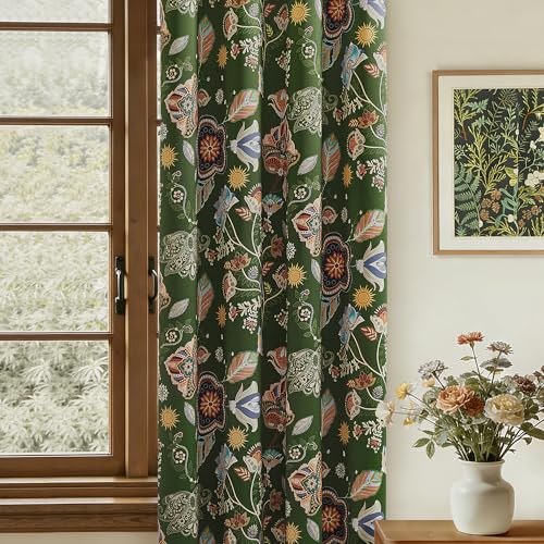 Image of Short Black Out Floral Patterned Curtains 45 Inch Long for Bedroom 2 Panels | 100% Blackout Boho Farmhouse Vintage Cottage Core Decorative Window Treatment for Bathroom Kitchen Small Window Green 52x45
