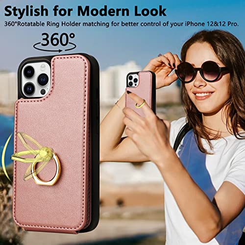 Funda cartera para iPhone 12 con soporte de anillo y tarjetero protector RFID doble botón 3