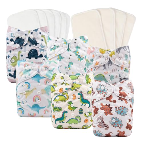 Image of Babygoal Reusable Neutral Cloth Diapers 6 Pack with 10pcs Inserts, One Size Adjustable Washable Pocket Nappy Covers for Baby Boys and Girls