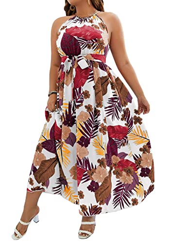 Image of Floerns Women's Plus Size Boho Sleeveless Halter Neck Tie Back A Line Long Dress