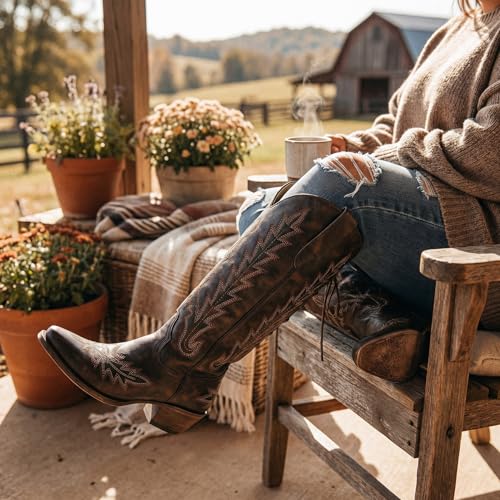 Image of Uillnoodu Wide Calf Cowboy Boots Women Adjustable Lace Up Knee High Tall Plus Size Cowgirl Boots Western Style Comfortable 2-Inch Heel