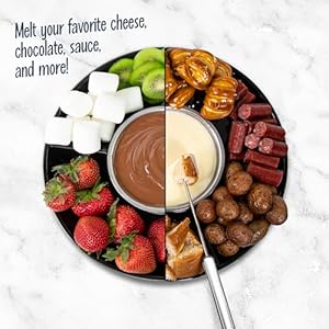 Nostalgia 10 oz electric fondue pot set for cheese chocolate 4 dipping forks 3 section food tray kitchen gadgets and appliances for hors deouvres entrees desserts black  urban country home decor