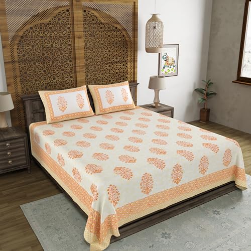 Image of BLOCKS OF INDIA Hand Block Printed 200 TC Cotton King Size Bedsheet (Orange Pot)