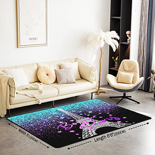 Loussiesd Eiffel Tower Area Rug 100x150cm Glitter Blue Purple Paris Living Room Rugs for Bedroom Home Decor Paris Decor Carpet Ultra Soft Non-Slip Indoor Floor Mat - Image 2