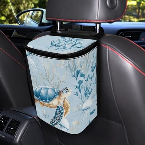 Image of Talayituse Turtle Jellyfish Coral Print Car Trash Can with Lid, Leak Proof Auto Trash Bag Hanging Vehicle Garbage Can Multipurpose Storage Container for Back Seat Road Trip