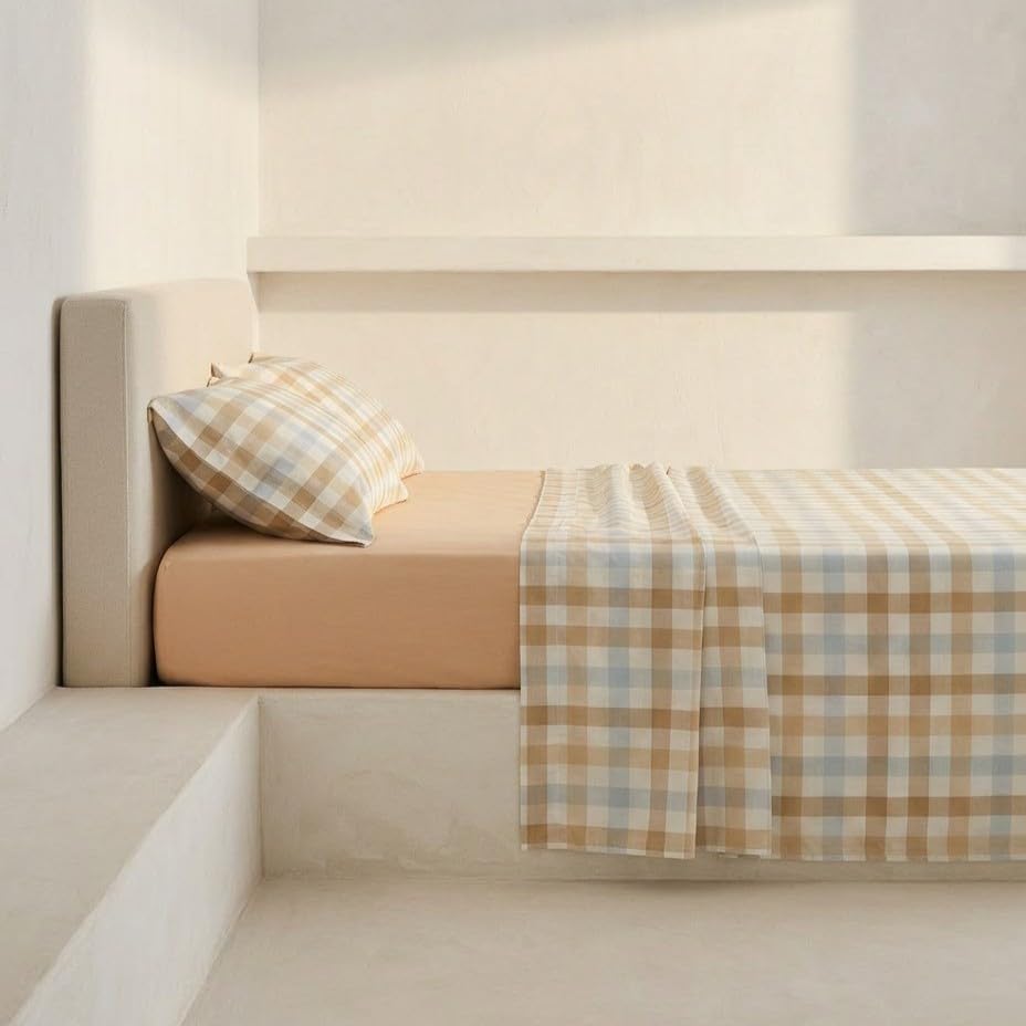 Juego sabanas 100% algodón, Cuadros Vichy Cama 150/160, con Fundas de Almohada, Multicolor.