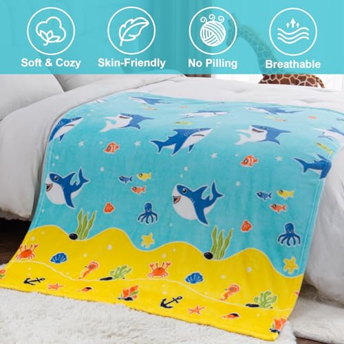 Image of Shark Gifts for Boys Girls - Glow in The Dark Sharks Blanket Christmas Stocking Stuffers for Grandkids Teen Boys Kids 2-14 Years Old Children Toddler Birthday Presents Soft Throw 50 inchx60 inch