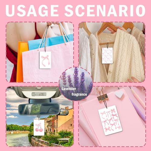 Image of Coquette Pink Bow Car Air Freshener 4Pcs, Girly Car Accessories for Women Teen Girls, Preppy Air Freshener for Car Interior Closet Drawer Books, Preppy Pink Cherry CarMirror Decor Hanging