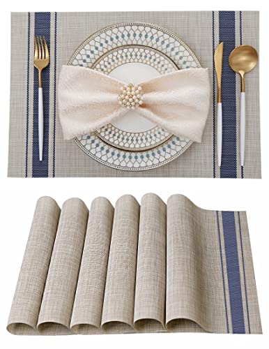 Createshao Pvc Vinyl Red Striped Placemat Woven Placemats Rectangular Place Mat Washable Table Mats (6 Pcs, A-Blue) #TOP18