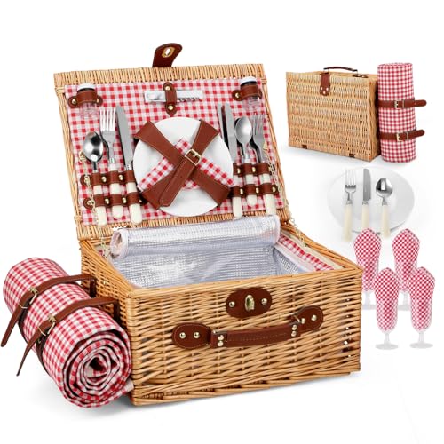 Wicker Picnic Basket for 4 Person,Handmade Willow Hamper Basket with Picnic...