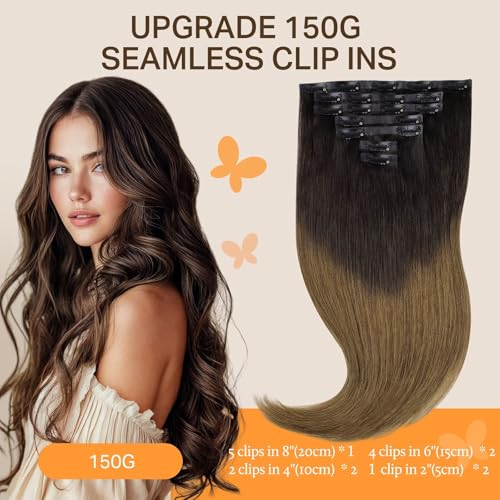Image of DOORES Seamless Clip in Hair Extensions Real Human Hair, Chocolate Dip Color Melt 18 Inch 7pcs 130g, Human Hair Extensions Remy Hair Seamless Weft Hair Extensions invisible Edge Hair Extensions
