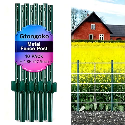 Gtongoko 4.8 Feet Heavy Duty Metal Fence Posts, 10 Pack U Channel Fence Post with Anchor Plate, Green Steel T Post for Garden, Yard, Farm, Wire Fencing