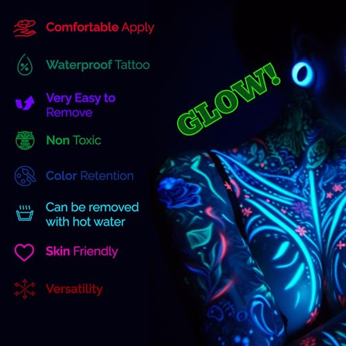 Glow in the Dark Neon Temporary Tattoos - 20 Sheets, 170+ Unique Designs for Party Rave Festival