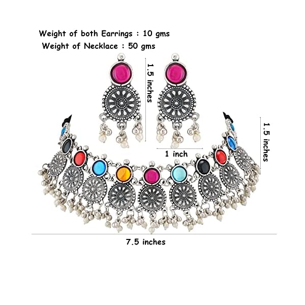 Shreyadzines Fashion Latest Choker Design Oxidised Silver Stone Traditional Necklace Earrings Jewellery Set for Women - Image 6