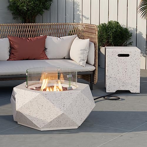 Cosiest 2-Piece Outdoor Propane Firepit Table Set W Tank Table, 24-Inch Terrazzo White Hexagon Fire Table, Wind Guard And 16 Inches Tank Side Table 20Lb For Garden,Pool #TOP6