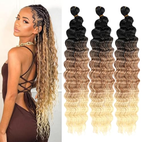 ZRQ 18 Inch 3 Packs Deep Wave Crochet Hair for Boho Braids, Bohemian Ocean Wave Crochet Hair Synthetic Long Curly Braiding Hair for Black Women #1B-27-613