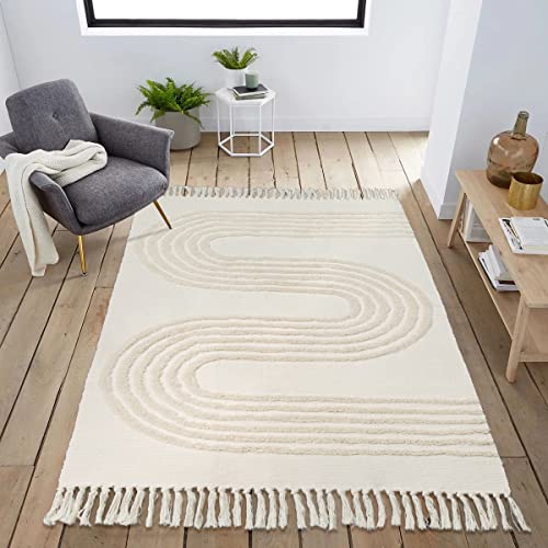 Image of STARUIA Boho Living Room Rug 5'x7' Washable Cotton Bedroom Rug, Beige Woven Linear Tufted Nursery Area Rug with Tassels Accent Farmhouse Carpet for Teen Room Entryway Dorm