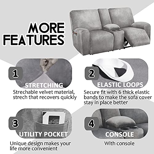 Reclining Love Seat with Middle Console Slipcover, 8-Piece Velvet Stretch Loveseat Reclining Sofa Covers, 2 seat Loveseat Recliner Cover, Thick, Soft, Washable, Loveseat Slipcovers (Light Grey)