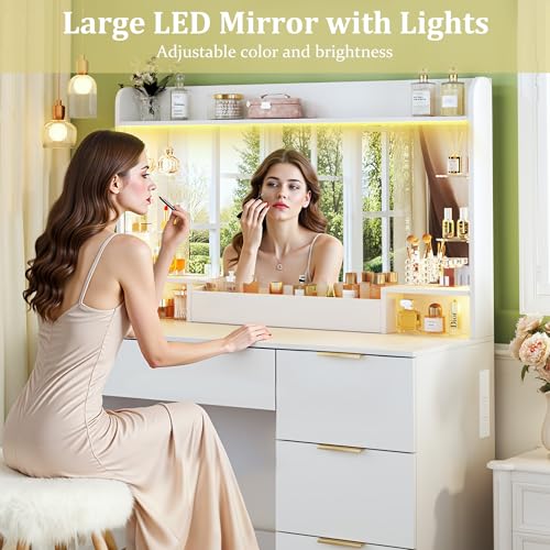 Image of HUAHUU Vanity Desk with Mirror and Lights, Makeup Vanity with Lights, 3 Color Lighting Modes, Vanity Desk with Large Mirror & 4 Storage Drawers & Acrylic Shelves for Bedroom, White
