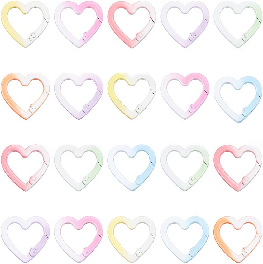 SUNNYCLUE 1 Box 20Pcs Heart Keychain Rings Spring Gate Ring Bulk Metal Alloy Colorful Gradient Love Hearts Shaped Connectors Jump Key Rings for Keys Chains Leather Jewelry Making DIY Craft Accessories