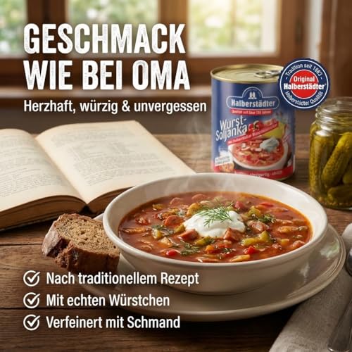 Halberstädter Soljanka 800ml – deftige Wurst-Soljanka in der Dose – Fertiggericht aus Ost-Tradition – pikant & herzhaft – Konserve mit Fleisch & saurer Sahne – Bild 4