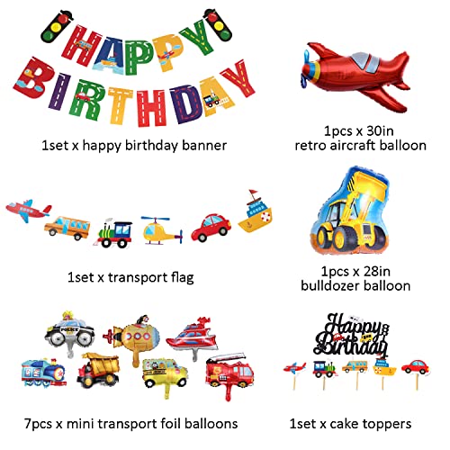 Transportation Birthday Decoration For Boys Happy Birthday Banner Cars School Bus Train Fire Truck Motorcycle Plane Foil Balloons Transport Vehicles Cake Topper For Kids Transport Themed Party #TOP1