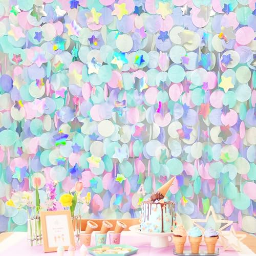 Image of 205Ft Pastel Party Decorations Circle Dot Backdrop Streamer Pastel Tissue Paper Polka Dots with Iridescent Star Hanging Garland for Birthday Wedding Bachelorette Engagement Party Supplies