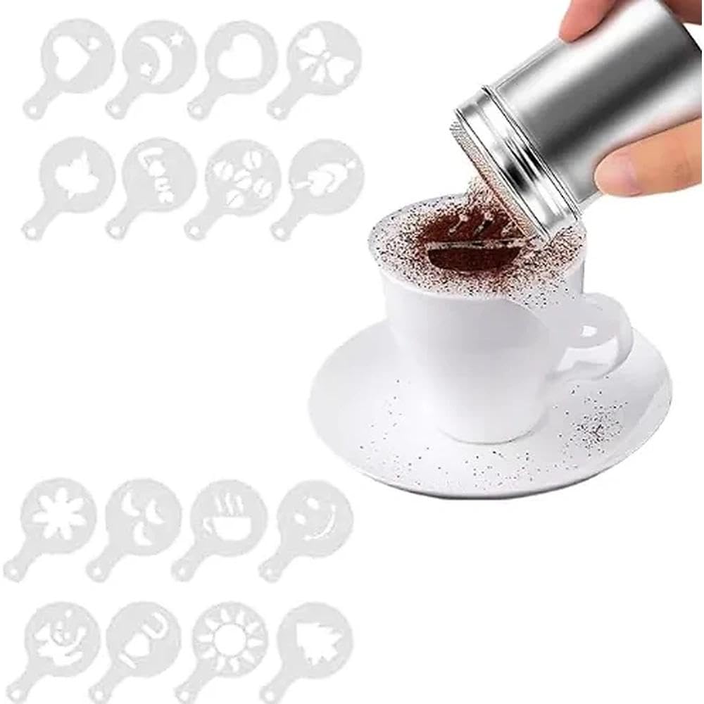 Chocolate Shaker Stainless Steel Duster Dredges Cans Coffee Sprinkles Powder Set Cocoa Cinnamon Powder Can with 16 Coffee Molds Stencils for Kitchen Baking Cooking Cappuccino Coffee Latte Coffee