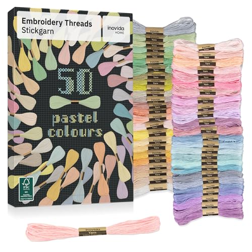 Inovida Stickgarn Set 50 Farben je 5 Meter in Pastell: Pastellfarben Nähgarn Set – Freundschaftsarmbänder selber machen – Sticken, Armband knüpfen, Flechten – Kreuzstich Garn – Embroidery Thread