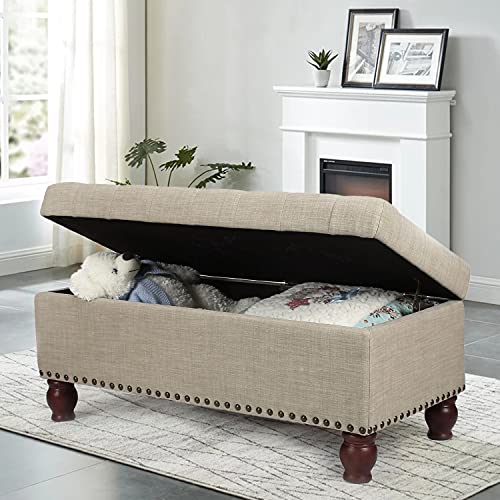 Decent Home 40 Inches Fabric Ottoman Bench With Storage For Living Bed Room, Button Tufted Foot Rest Stool With Solid Wood Legs (Beige) #TOP5