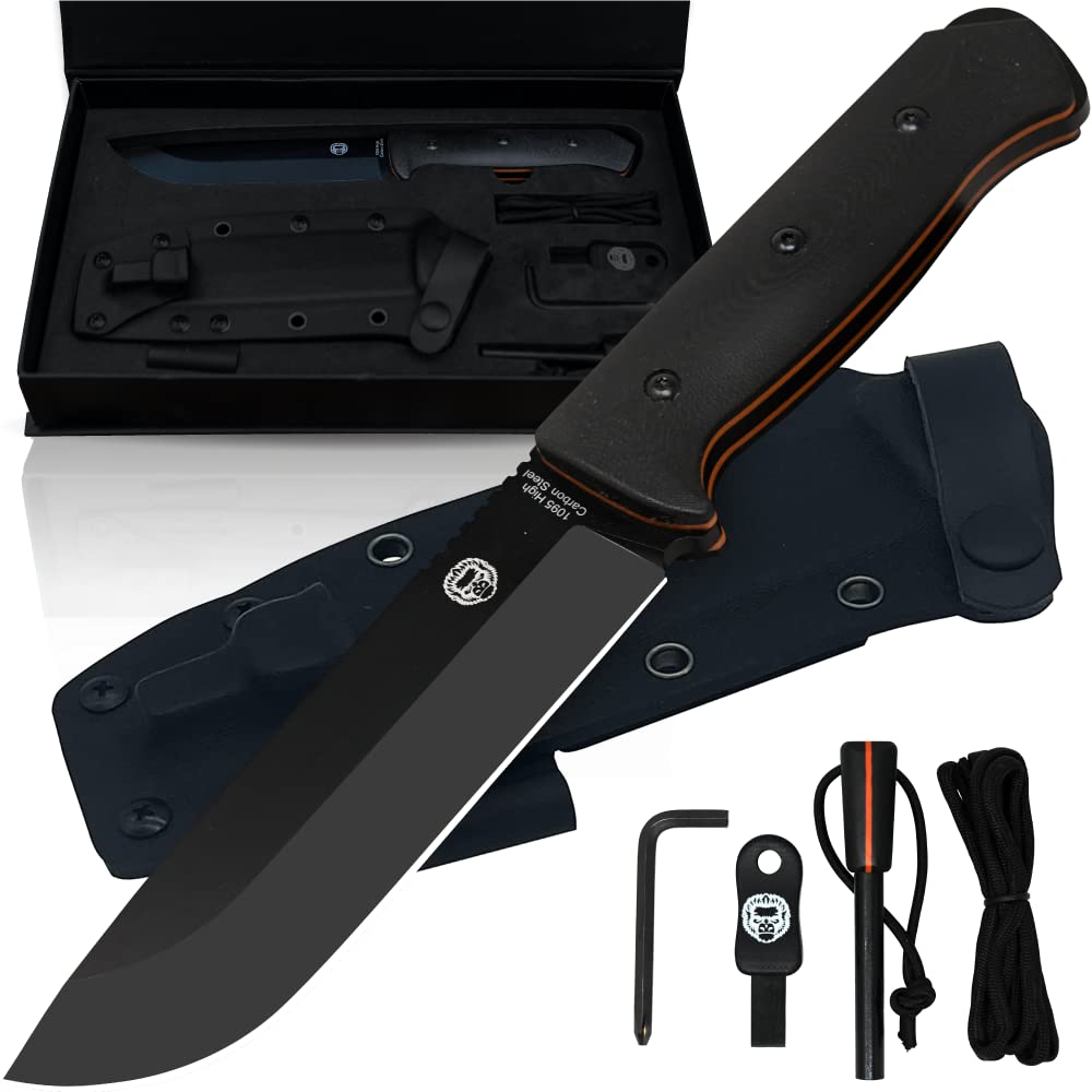 Holtzman's Gorilla Survival Bushwhacker Fixed Blade Knife with Fire Starter, G10 Scraper, and Paracord (Black) - Ideal for Camping and Survival