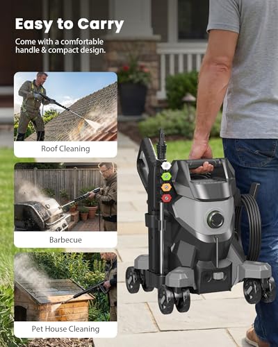 Image of Pressure Washer, Power Washer with External Foam Cannon,35FT GFCI Cord | High Pressure Washer with 4 Lockable Wheels & 4 Quick Connect Nozzles for Car Wash, driveway, deck, concrete,fence