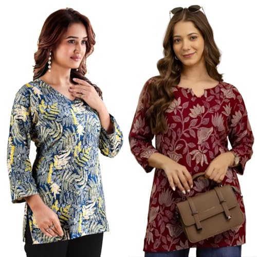 Image of Women's Cotton Printed Short Kurti, Round Neck, Three Quarter Sleeve, Straight Fit, Pack of 2