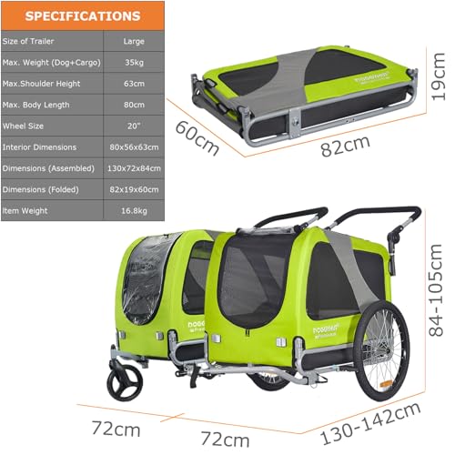 DOGGYHUT® Premium Large 2 in 1 Hunde fahrradanhänger & Hundebuggy Jogger Hundeanhänger groß ca. 270 Liter Volumen für mittelgroße und große Hunde bis 35 kg