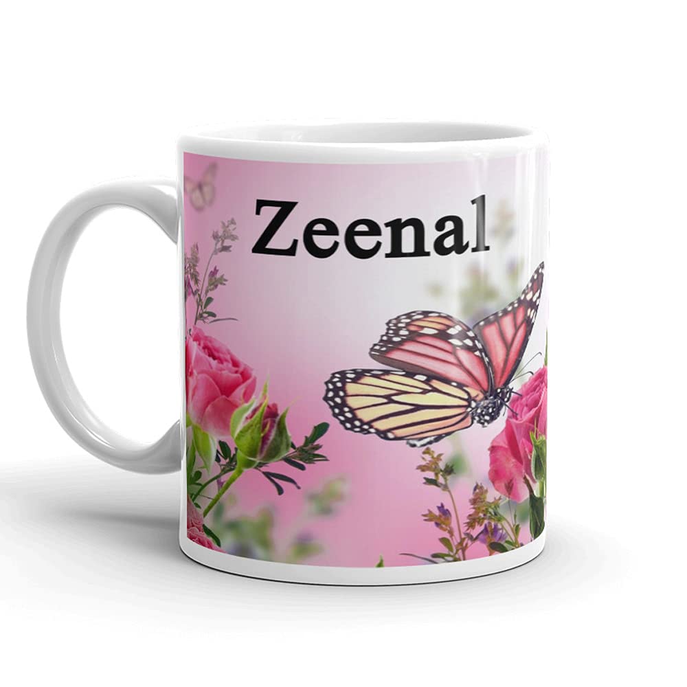 VRANTIKAR Zeenal Name Pink Flower & Butterfly Printed Mug Gift for Girlfriend,Wife,Sister,Friend On Birthday,Valentine Day,Rakhi, Rakshabandhan Mug, HRZ-6 Ceramic Coffee Mug 325 ml