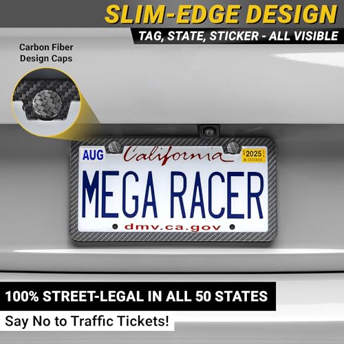 Image of Premium Slim Carbon Fiber Design License Plate Frames - 2 Pack, Rust-Free Stainless Steel & Rattle-Free, Street Legal, Universal with Screw Caps, Thin Metal Front & Rear Car Tag Holders for Men