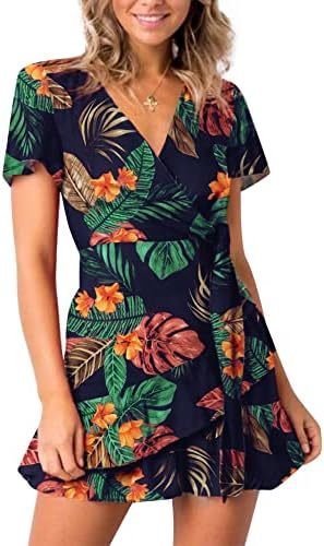 Relipop Summer Women Short Sleeve Print Dress V Neck Casual Short Dresses