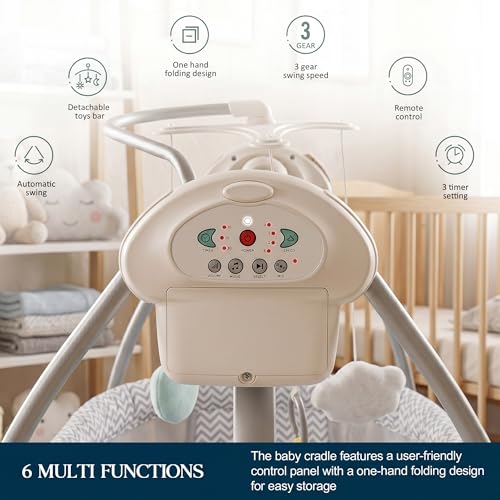 Image of BAYBEE Wanda Electric Swing Cradle for Babies | Automatic Cradle for New Born Baby with 6 Speed Control, Mosquito Net, Toy Bar & Music | Jhula for Kids | Baby jhula for 0 to 2 Years (Grey)
