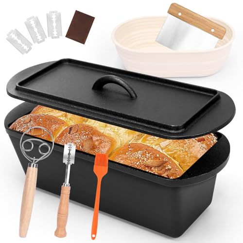 GFTIME Molde para pan de 35 cm con tapa, sartén holandesa de hierro fundido para hornear pan, cesta de fermentación, masa fermentada, accesorios para hornear pan, tostadas, olla cuadrada